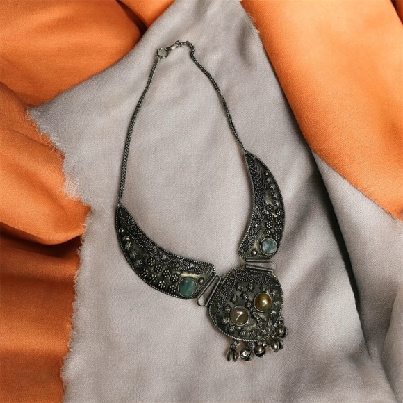 Vintage Jewelry - Vintage Turkish Scrollwork & Stones Necklace